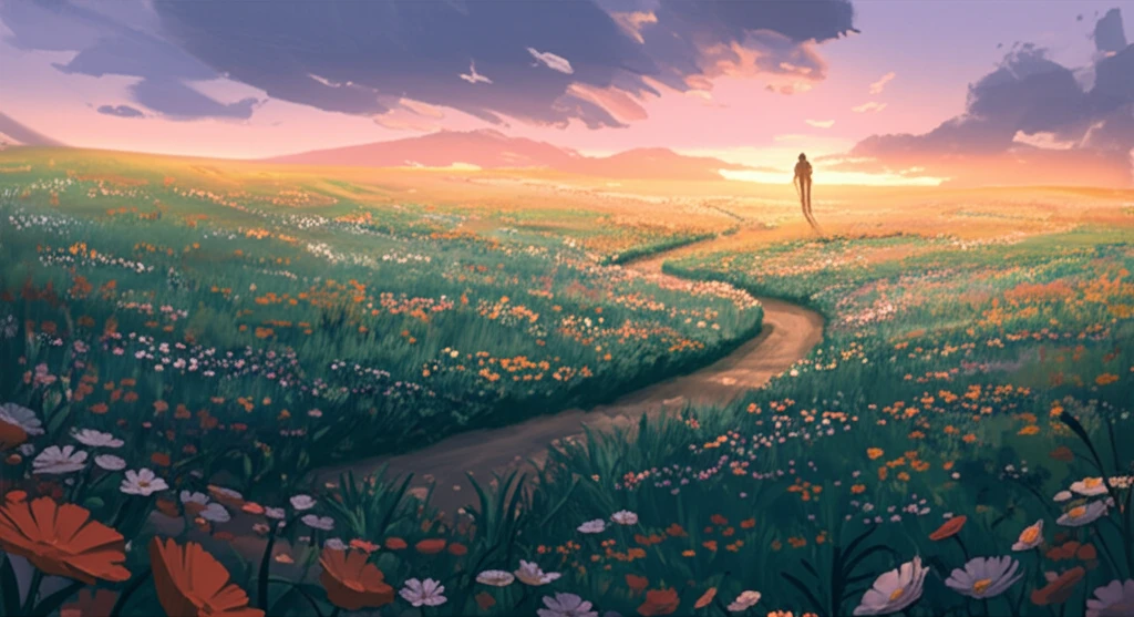 A serene path towards a pain-free future, symbolized by a figure walking towards a sunrise through a field of wildflowers.