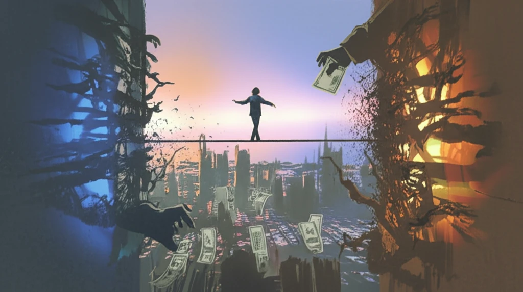 Illustration symbolizing the balance between empowerment and debt in microfinance.
