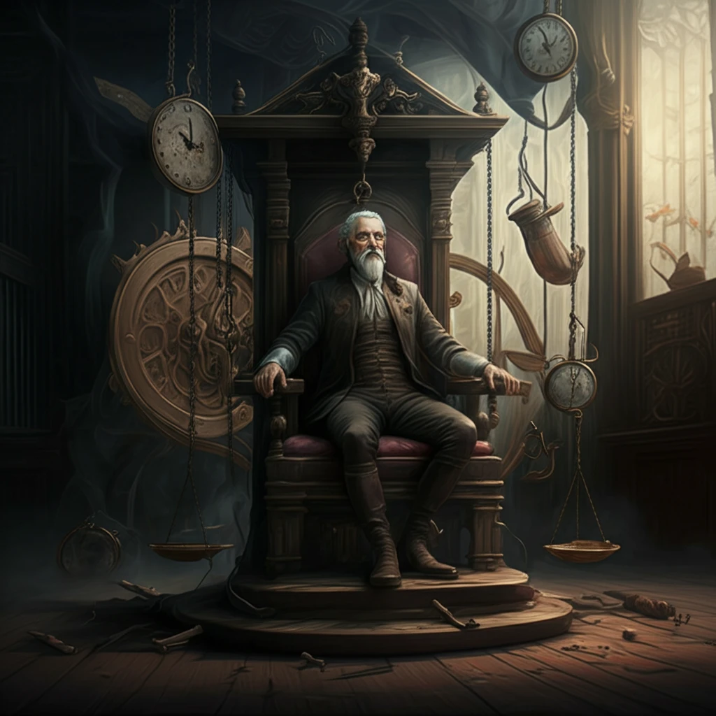 Santorio Santori in his weighing chair, surrounded by scales and measuring instruments.