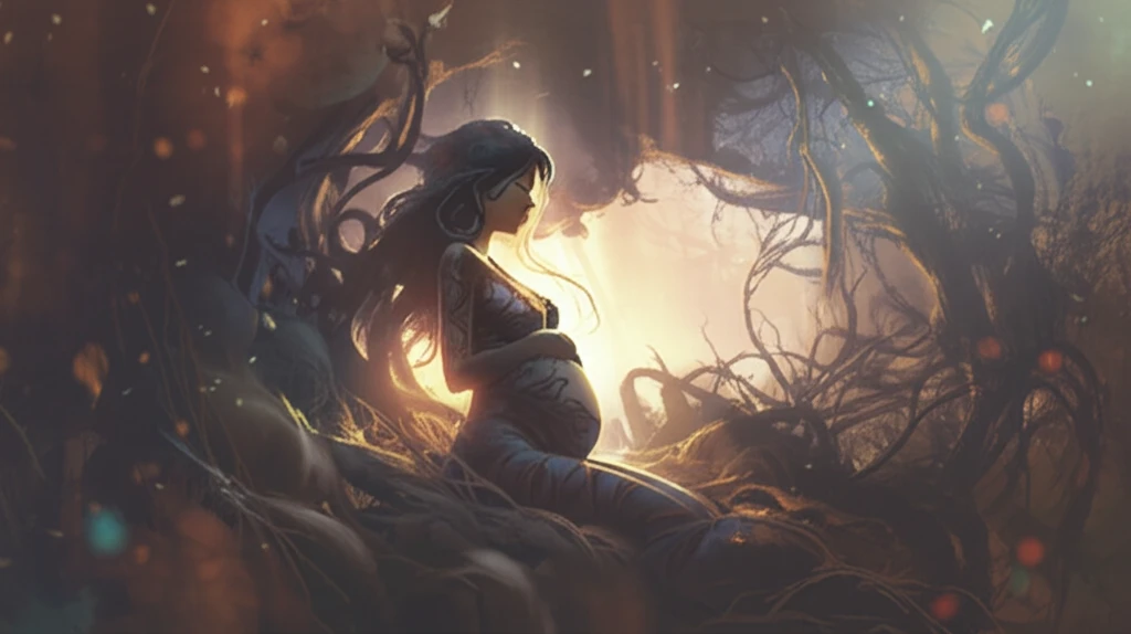 Surreal illustration of pregnant woman with tree roots, symbolizing fetal growth and maternal connection.
