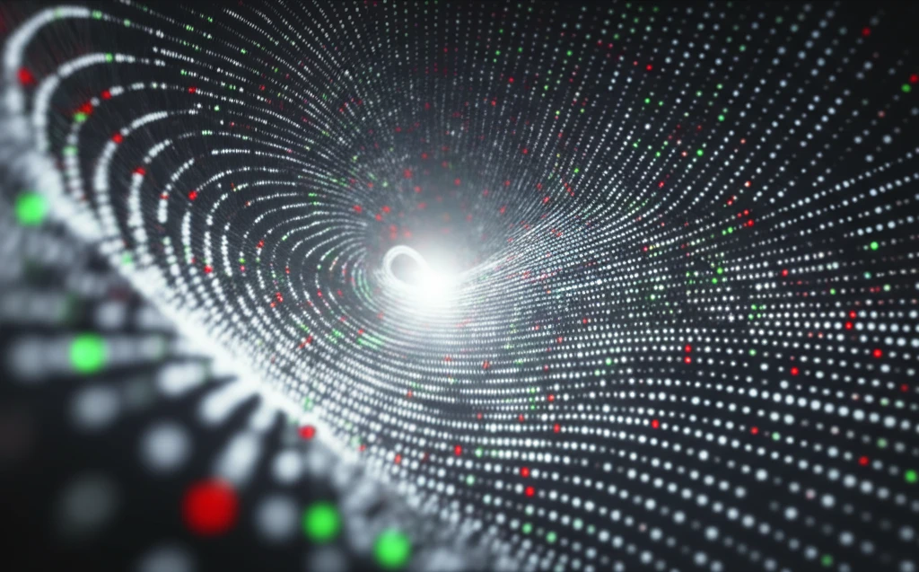 Surreal illustration of data vortex with central insight data point.