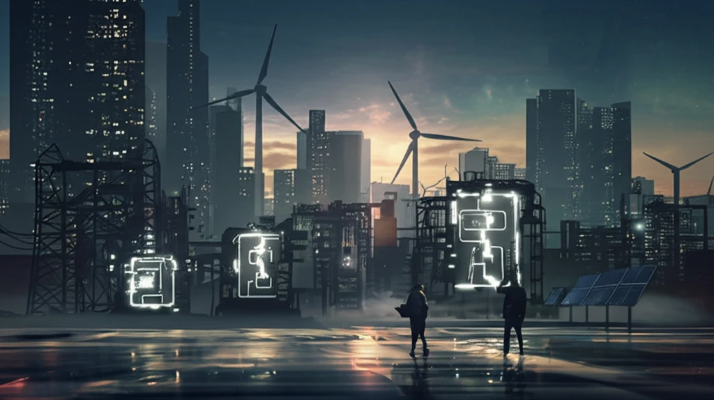 Futuristic cityscape powered by grid-scale energy storage solutions.