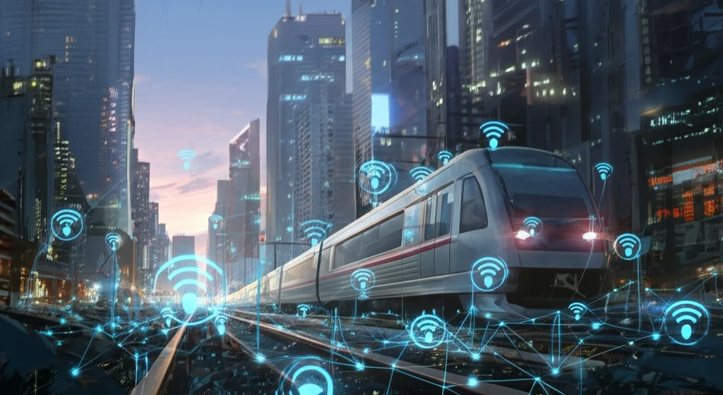 Futuristic train with glowing sensor networks symbolizing active safety.
