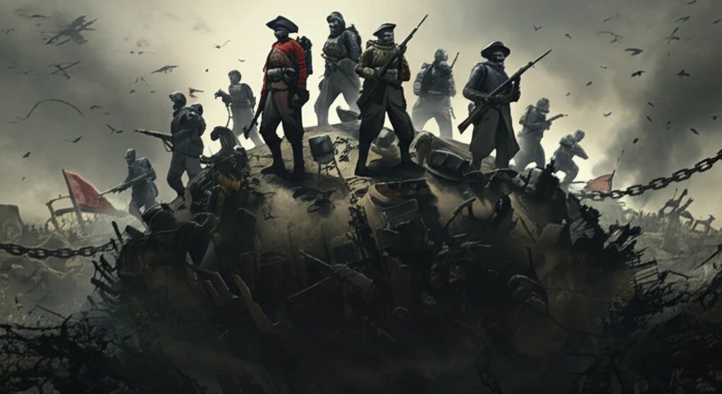 Black soldiers from various colonial armies stand on a world map, symbolizing their complex role in imperial history.