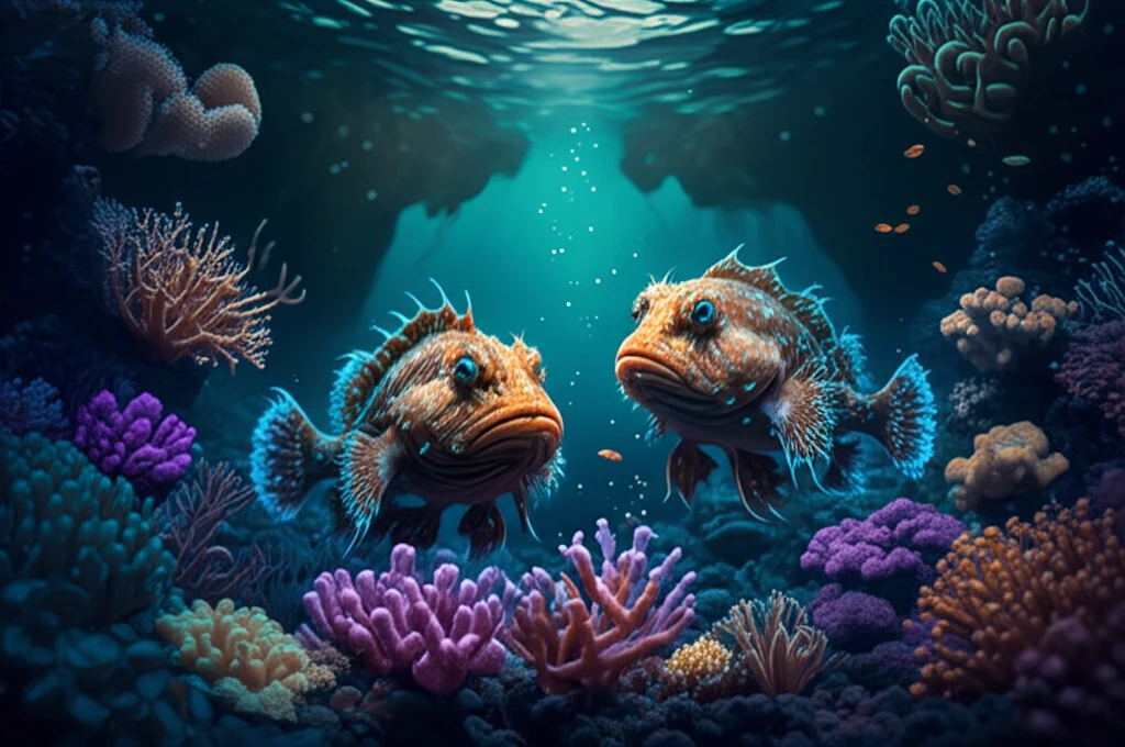 Bioluminescent waspfish in a deep ocean trench surrounded by vibrant coral reefs