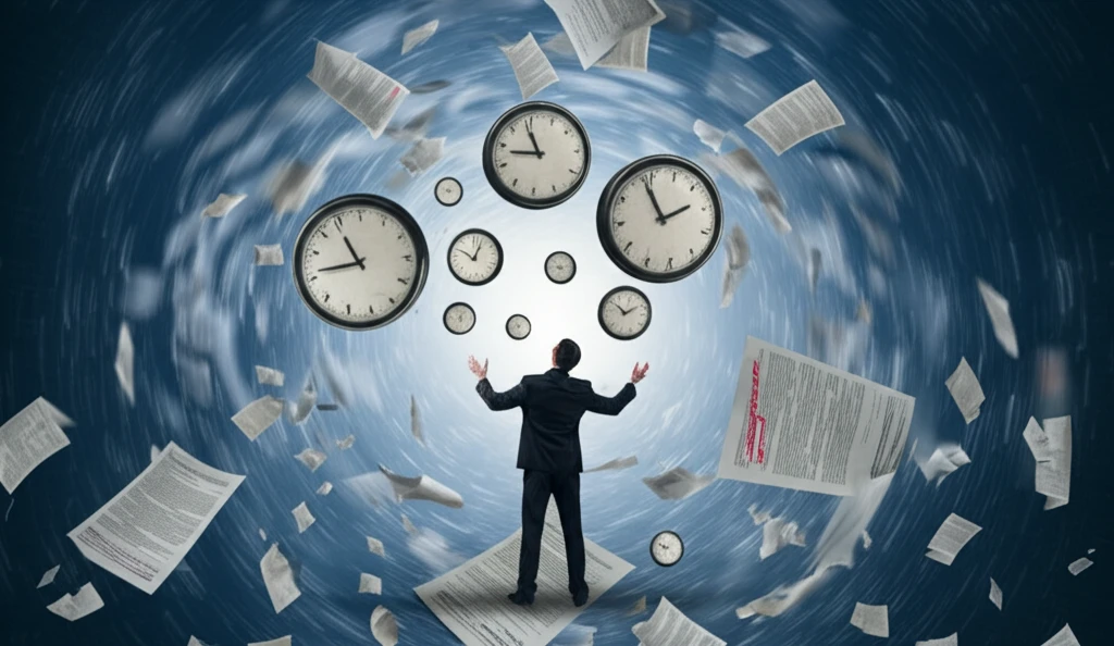 Person juggling clocks surrounded by vortex of papers symbolizing controlled chaos