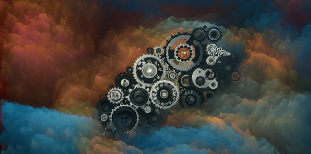 Abstract illustration of interconnected gears representing teamwork amidst complexity.