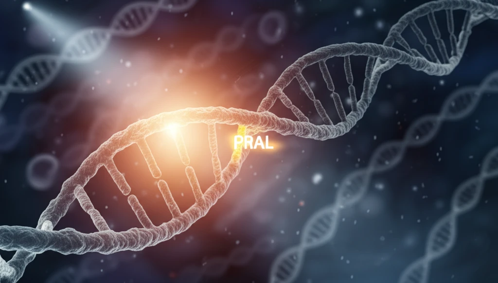 Microscopic view of liver cells with RNA strands, highlighting PRAL.