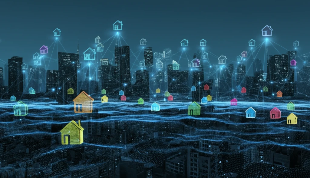 Cityscape of interconnected houses representing data clusters.
