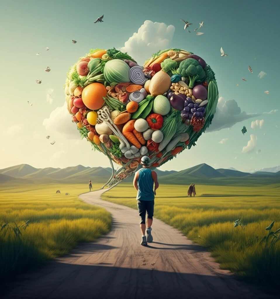 Heart-shaped landscape of healthy foods and a person jogging, symbolizing HCM management through diet and exercise.