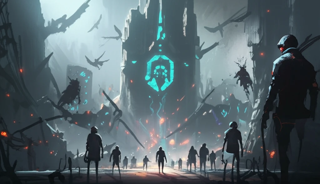 AI constructs defending digital fortress from shadowy malware figures.