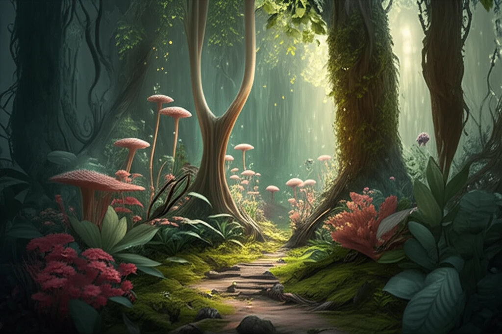Interconnected fungal networks beneath a lush garden, symbolizing plant and mycorrhizae symbiosis.