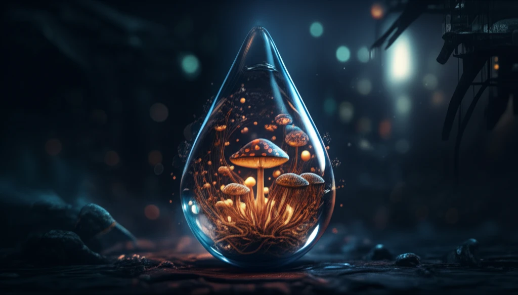 Microscopic view of water droplet with glowing fungi battling bacteria.