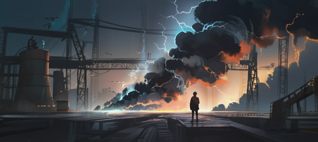 Coal transforming into energy with steel structures in the background.