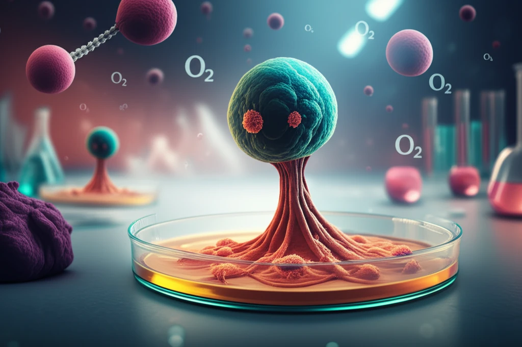 Breast cancer cells in a petri dish with oxygen molecules in the background.