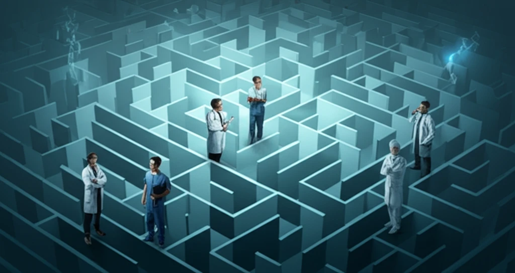Healthcare professionals navigating a complex healthcare maze.