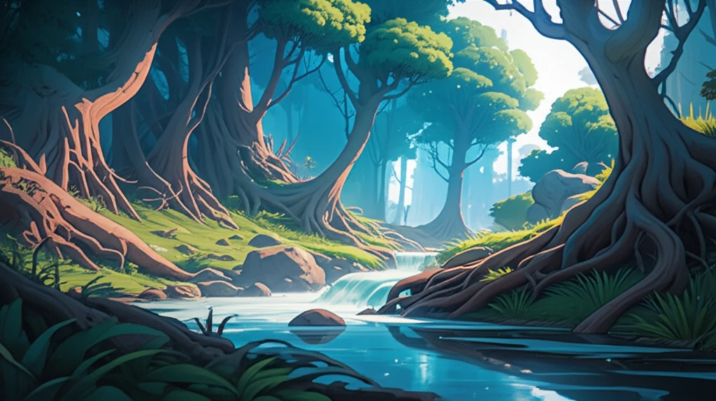 Intertwined roots and riverbanks symbolize biogeomorphic interactions.