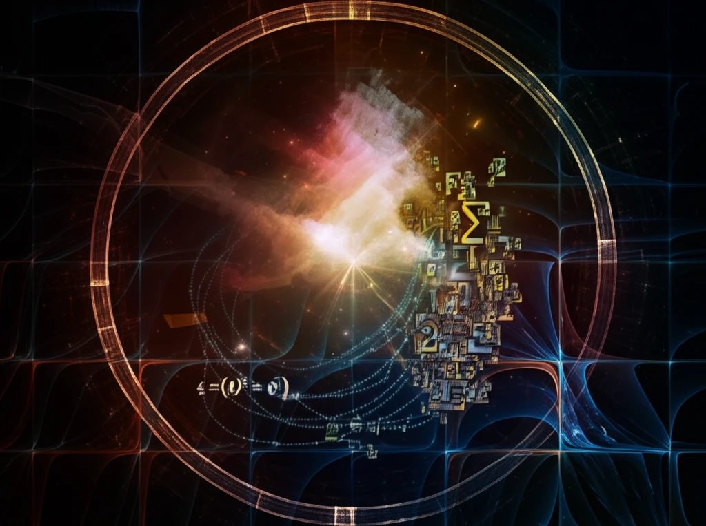 Surreal illustration of mathematical symbols and natural elements, representing theoretical physics.