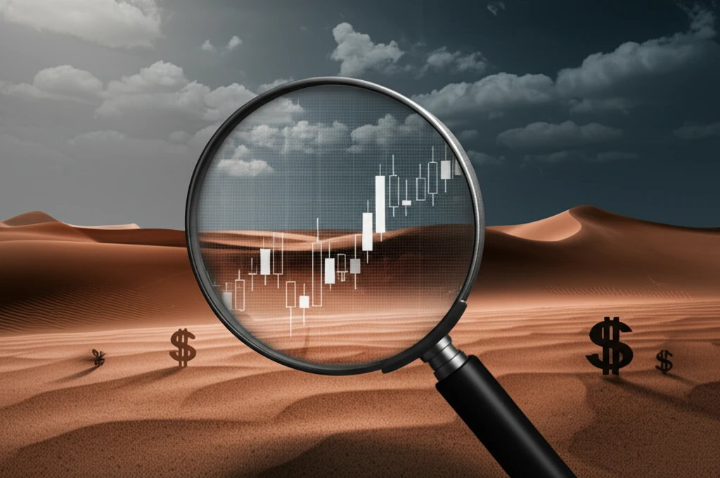 Magnifying glass over stock chart in desert representing detailed penny stock analysis.