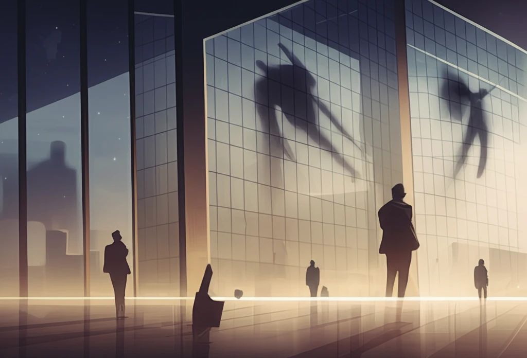 Surreal illustration of shadows looming over an office, symbolizing workplace mobbing.