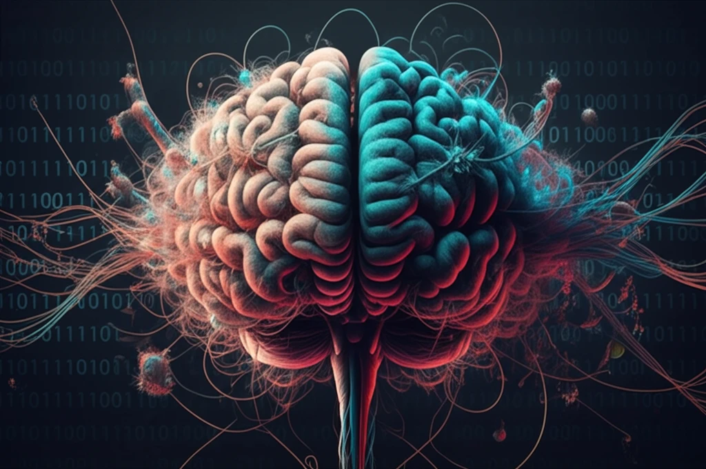 A brain entangled in fuzzy threads, representing fuzzy logic and AI inconsistencies.