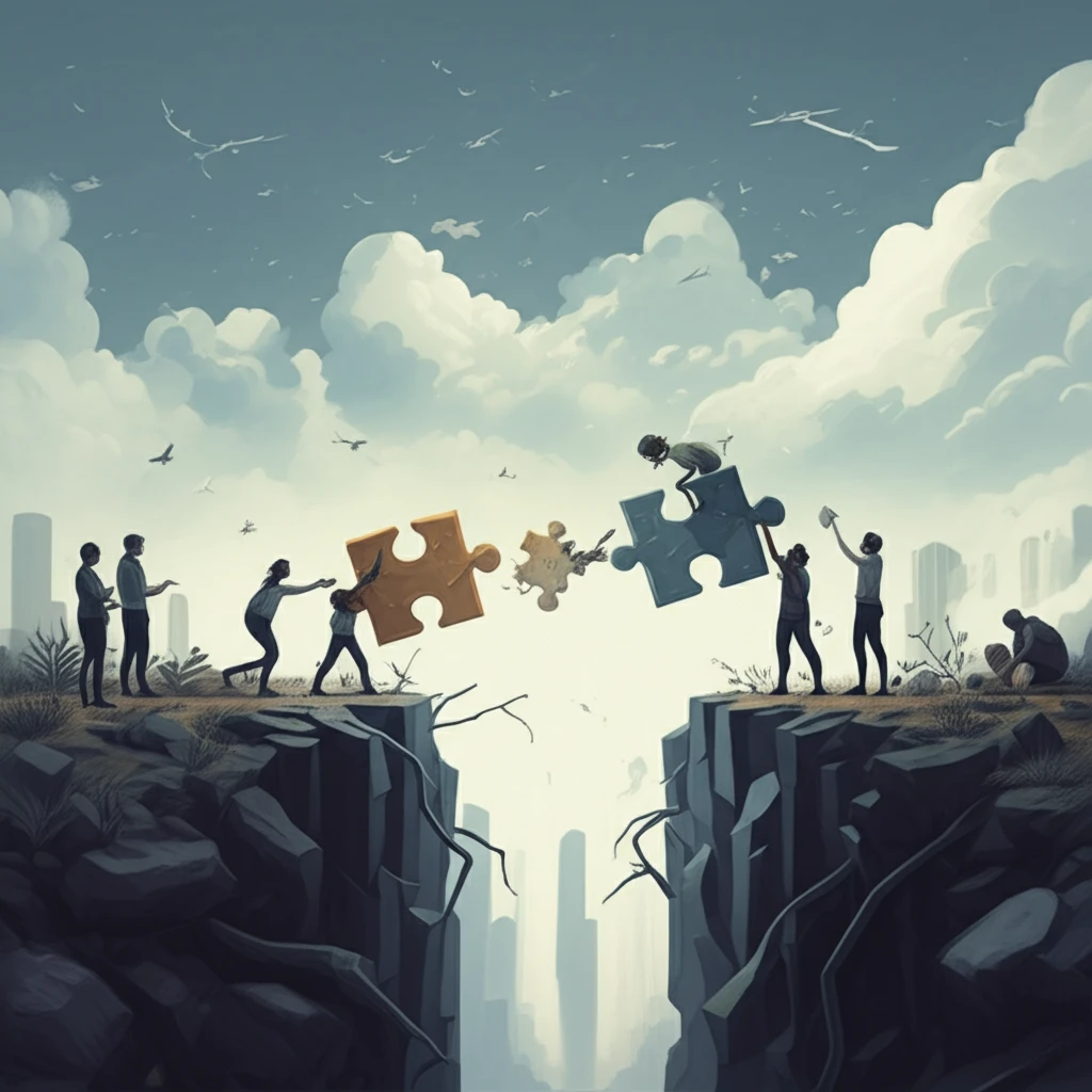 Diverse group collaboratively building a bridge over a chasm, symbolizing conflict resolution and mediation.