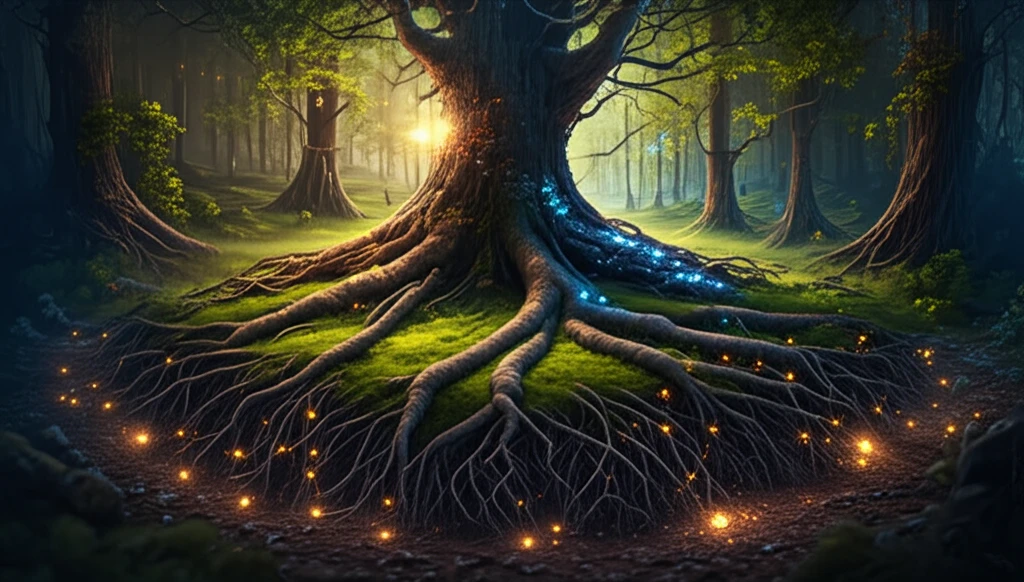 Interconnected tree roots symbolizing the integration of ecology and economy in European forests.