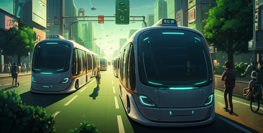 Futuristic driverless vehicles in a green city, illustrating transit leap theory.
