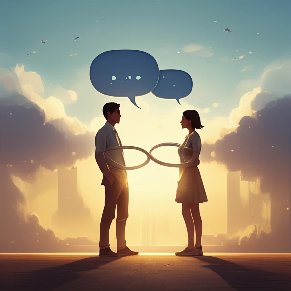 Abstract illustration of speech bubbles connecting two figures, symbolizing communication and understanding.