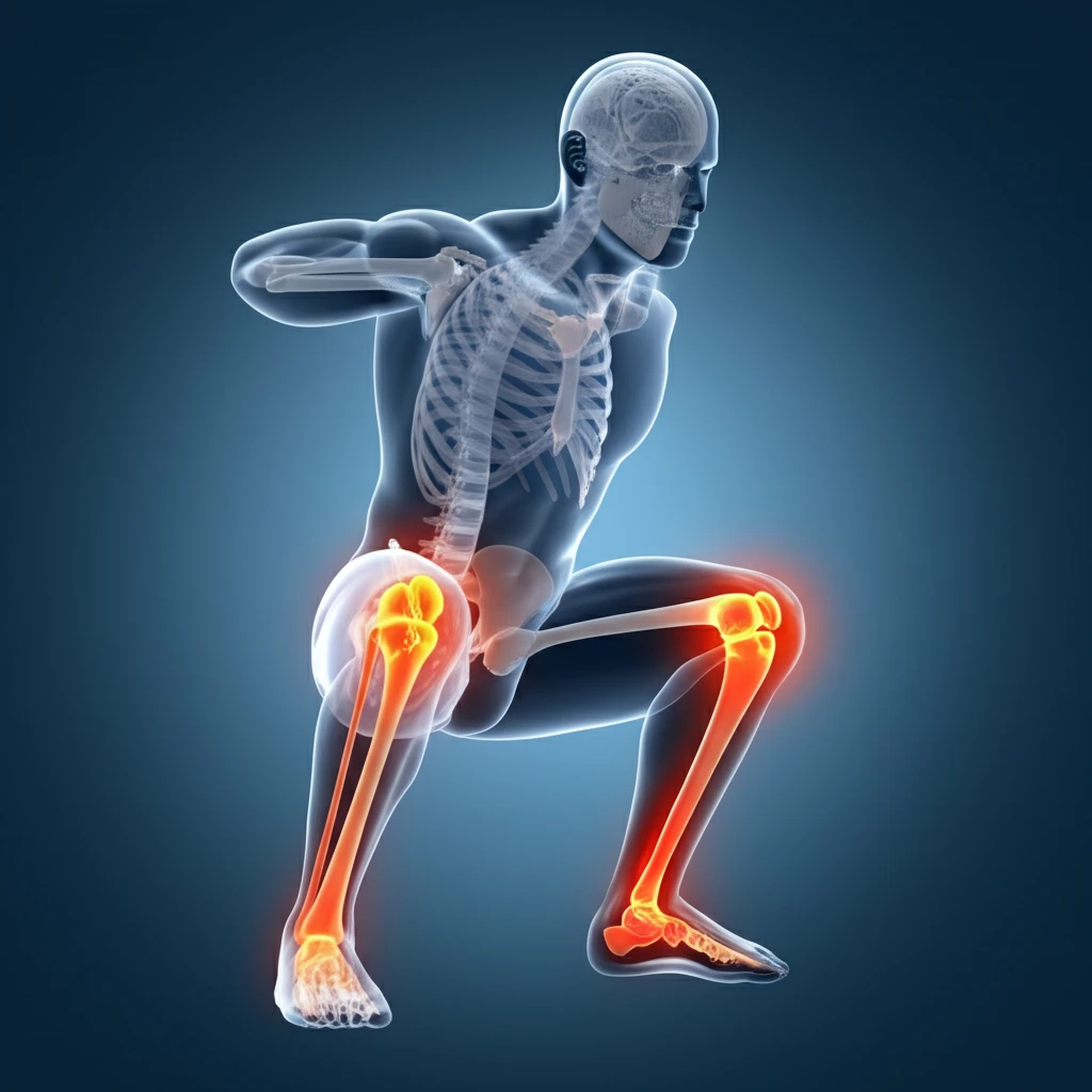 Athlete performing a squat with skeletal overlay to show proper alignment and stress points.