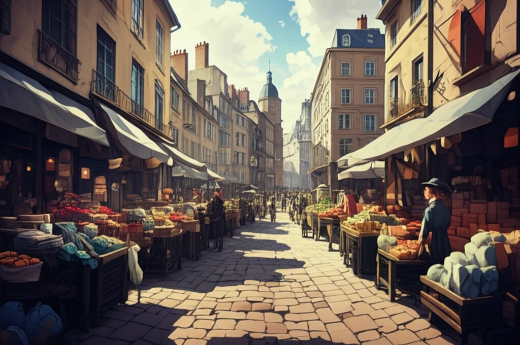 A bustling 18th-century Lyon marketplace, illustrating the city's silk trade and the journeys of 'commis voyageurs' to European markets.