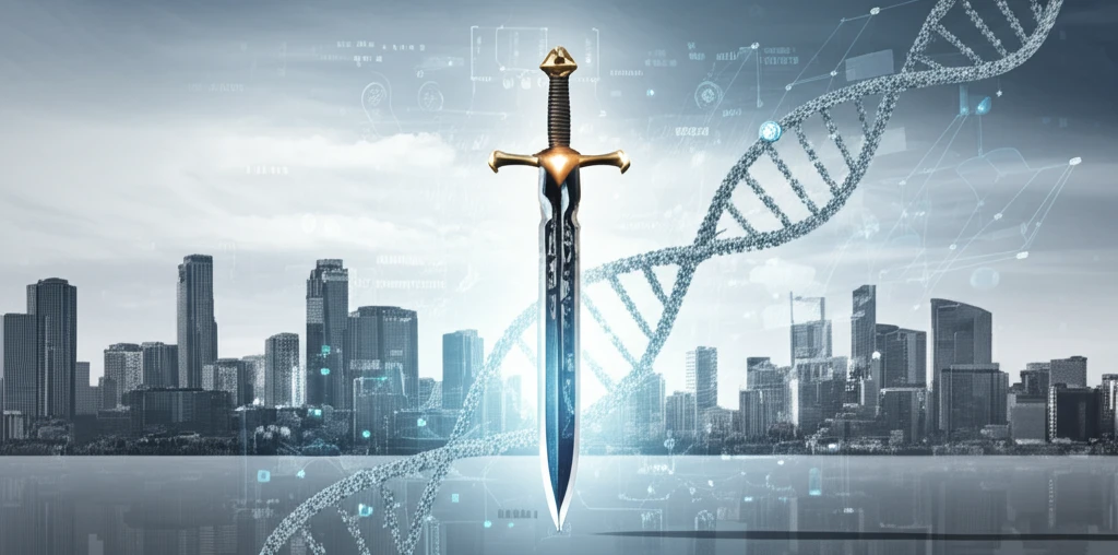 A double-edged sword made of DNA symbolizes the dual nature of gene editing.