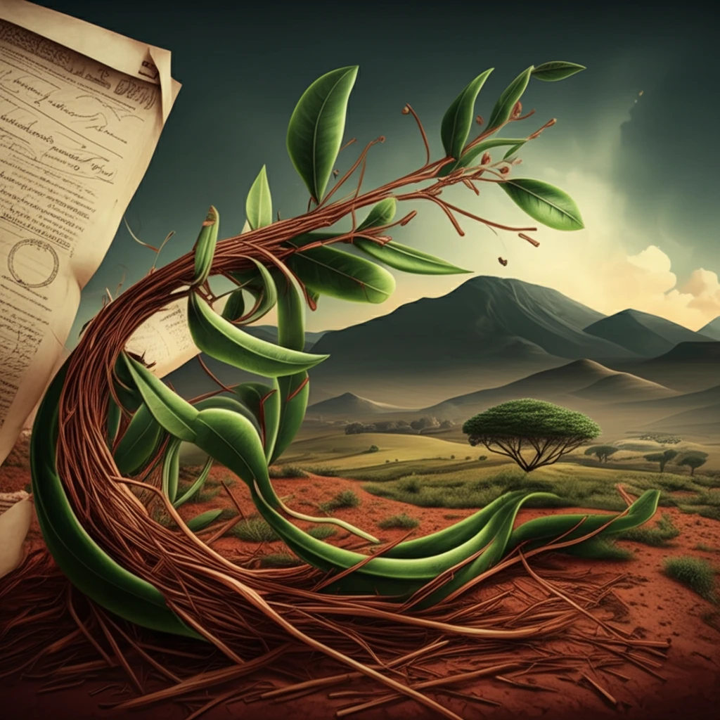 Rooibos tea leaves intertwining with historical documents and a South African landscape, symbolizing tradition, sustainability, and empowerment.