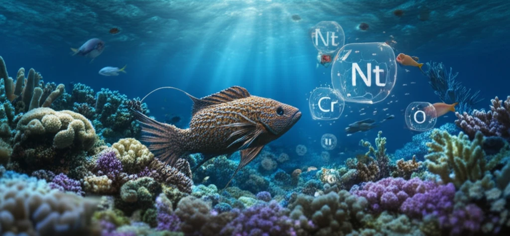 Herbivorous fish swimming in coral reef with macronutrient symbols.