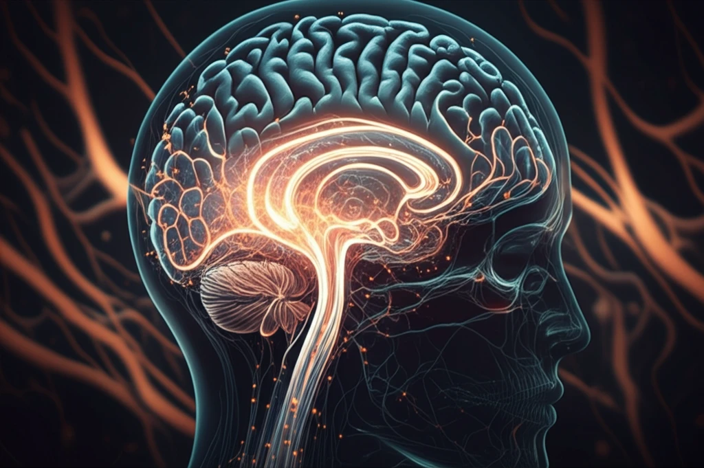 Surreal illustration of biomarkers in cerebrospinal fluid within a brain.