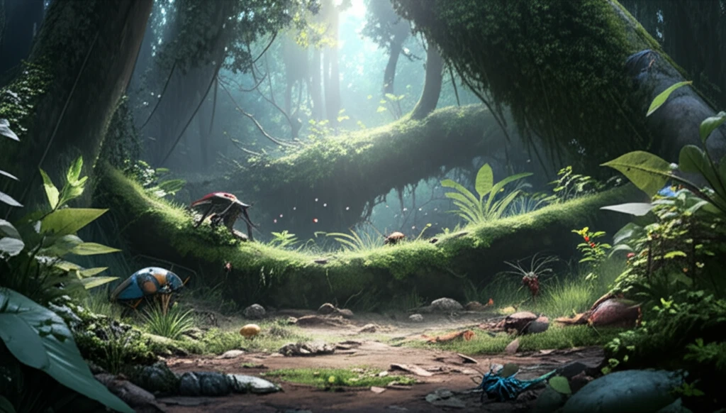 A vibrant forest floor scene with a canopy gap, showing diverse invertebrates thriving in the illuminated space.