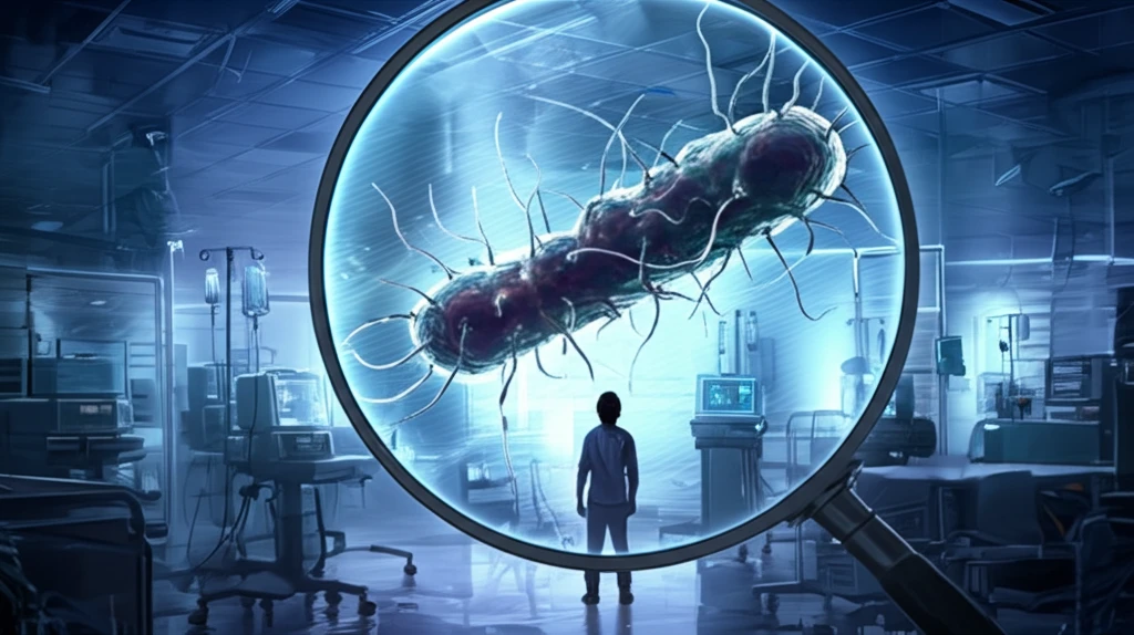 Vulnerable patient in sterile environment, anxiously observing Leclercia adecarboxylata bacterium, highlighting the risk to the immunocompromised.