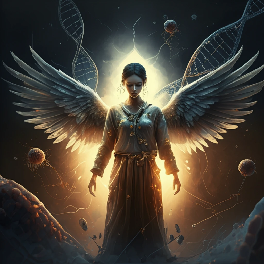 Digital illustration of BTG1 guardian angel protecting pancreatic cells.
