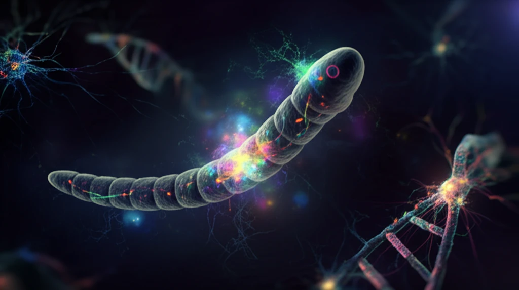 Surreal illustration of C. elegans with glowing neurons and DNA strands representing epigenetic influence of antipsychotic drugs.