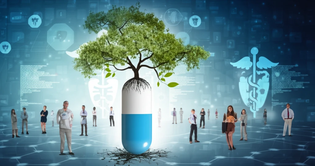 Single pill transforming into a tree representing comprehensive health for HIV patients