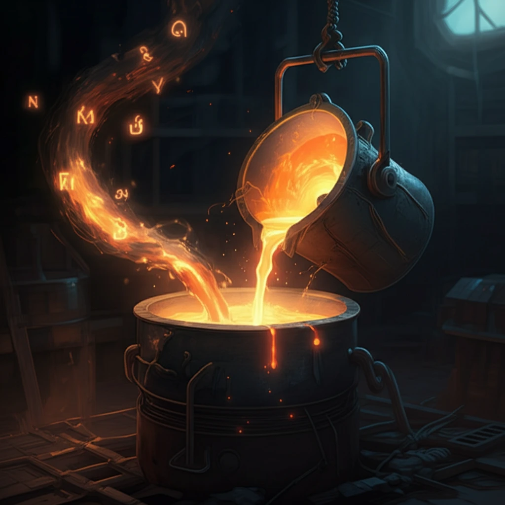 Molten metal being poured into a crucible with glowing chemical symbols swirling around