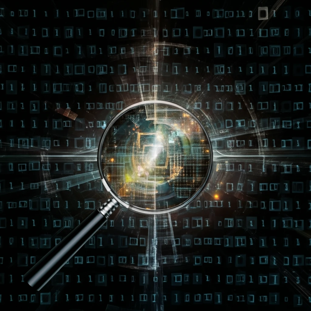 Data streams converging into a magnifying glass, revealing a Renyi fractal pattern.
