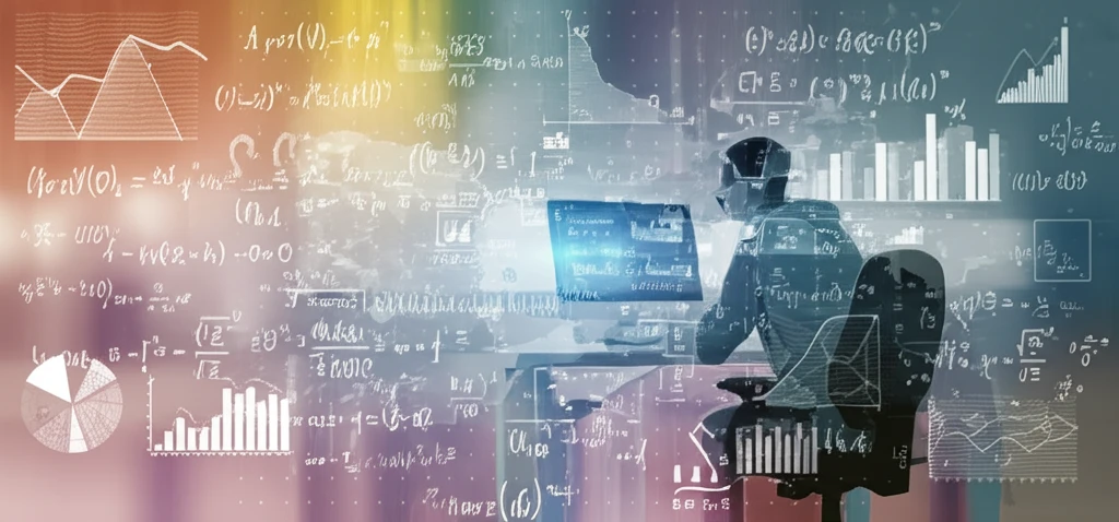 A student engaging with a virtual math lab, surrounded by equations and data.