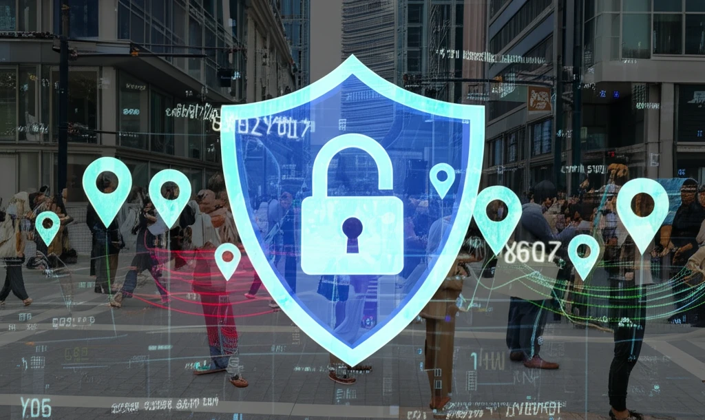 A futuristic cityscape with privacy shields protecting location data.