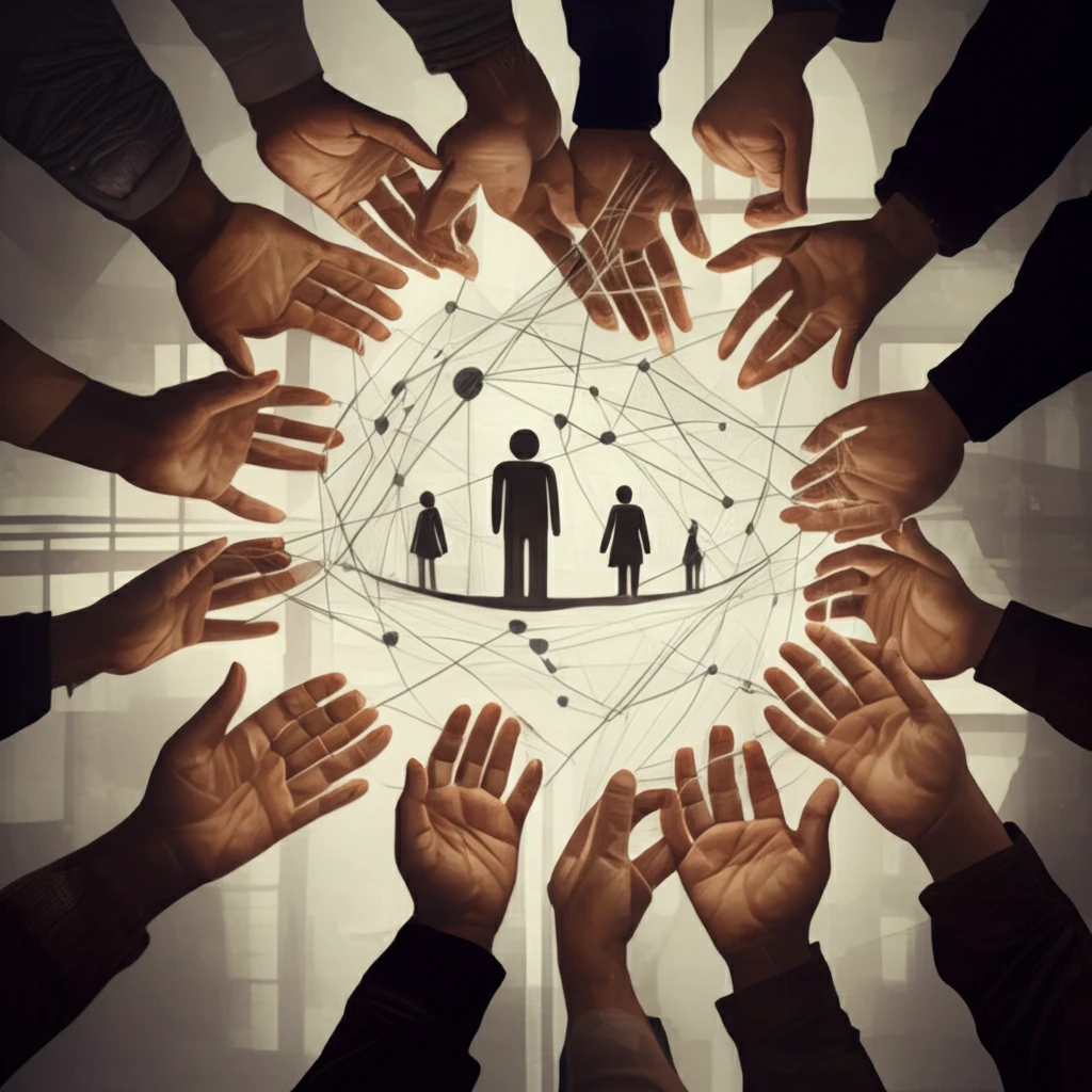 Interconnected hands symbolizing social work support in addressing intimate partner violence.