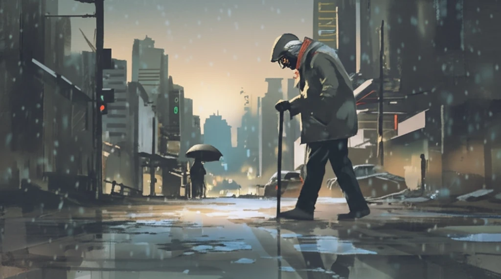 Elderly pedestrian navigating an icy city street.