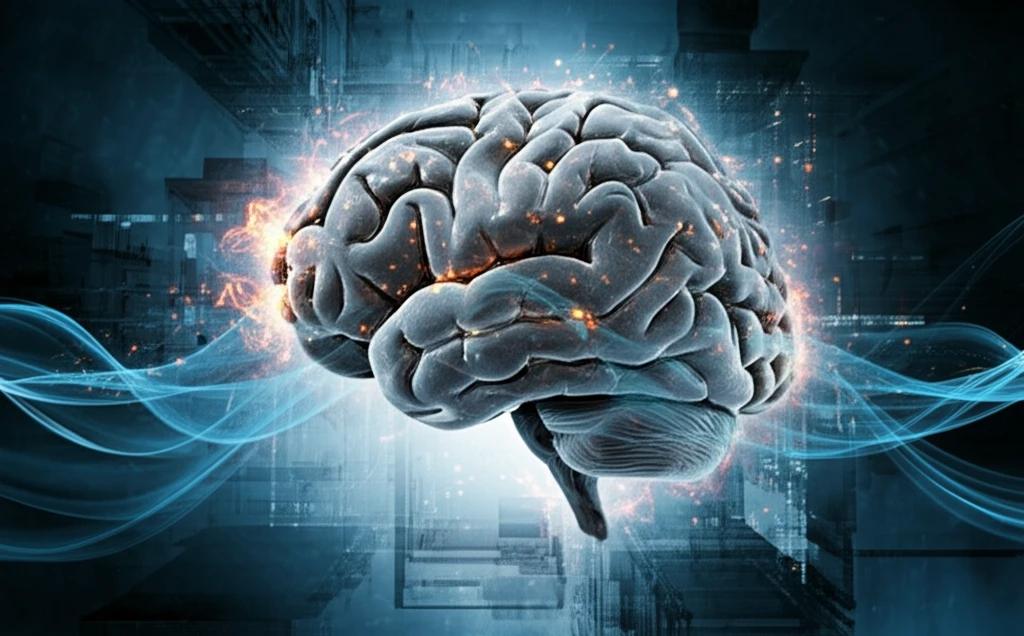 Surreal image of a brain intertwined with DNA, showcasing oxidative stress and antioxidant relief.