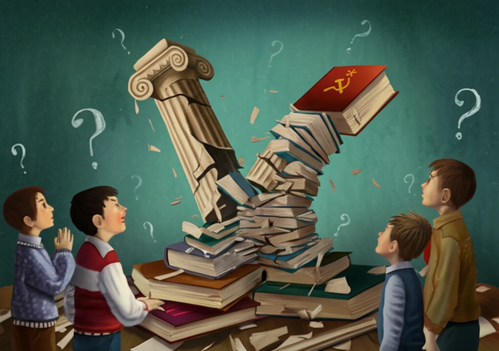 Distorted textbooks symbolize the manipulation of history in Fascist and Soviet education.