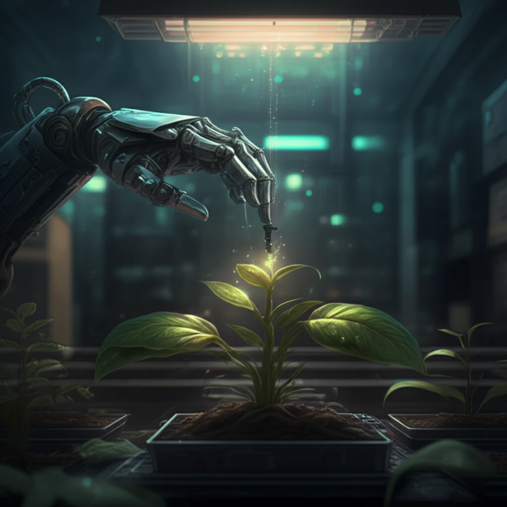 A robot arm carefully adjusting a drip emitter on a plant.