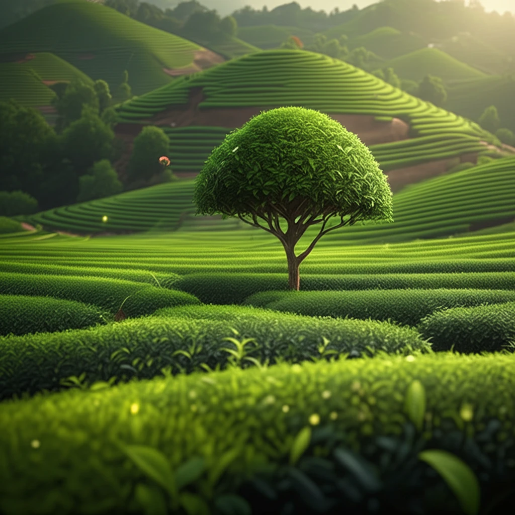 Lush green tea fields with a perfectly shaped tea bush in the foreground.